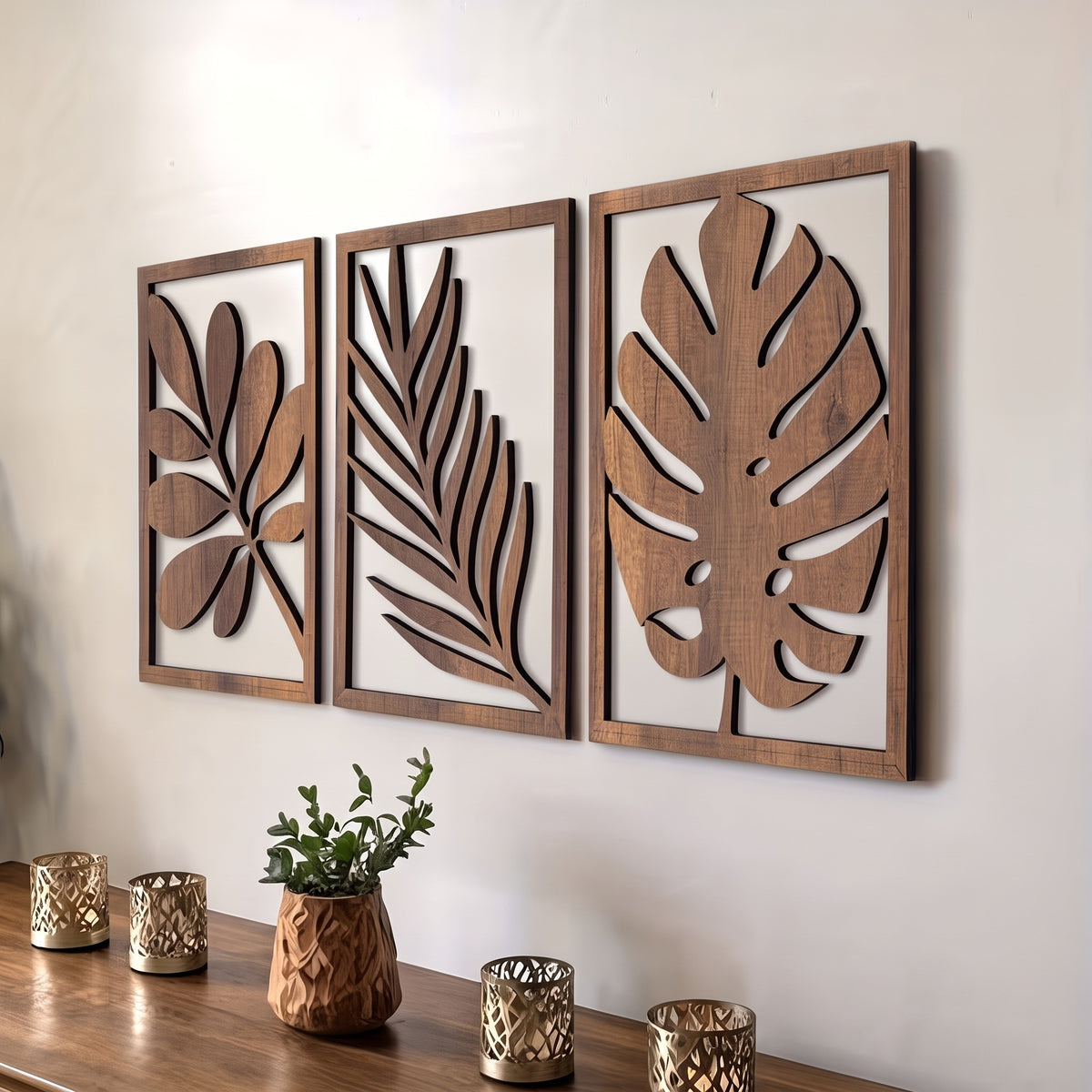 Retro Wooden Leaf Wall Decor Set of 3, Vintage Self-Adhesive Wall Art, Reusable Matte Wood Wall Decoration for Living Room, Bedroom & Office