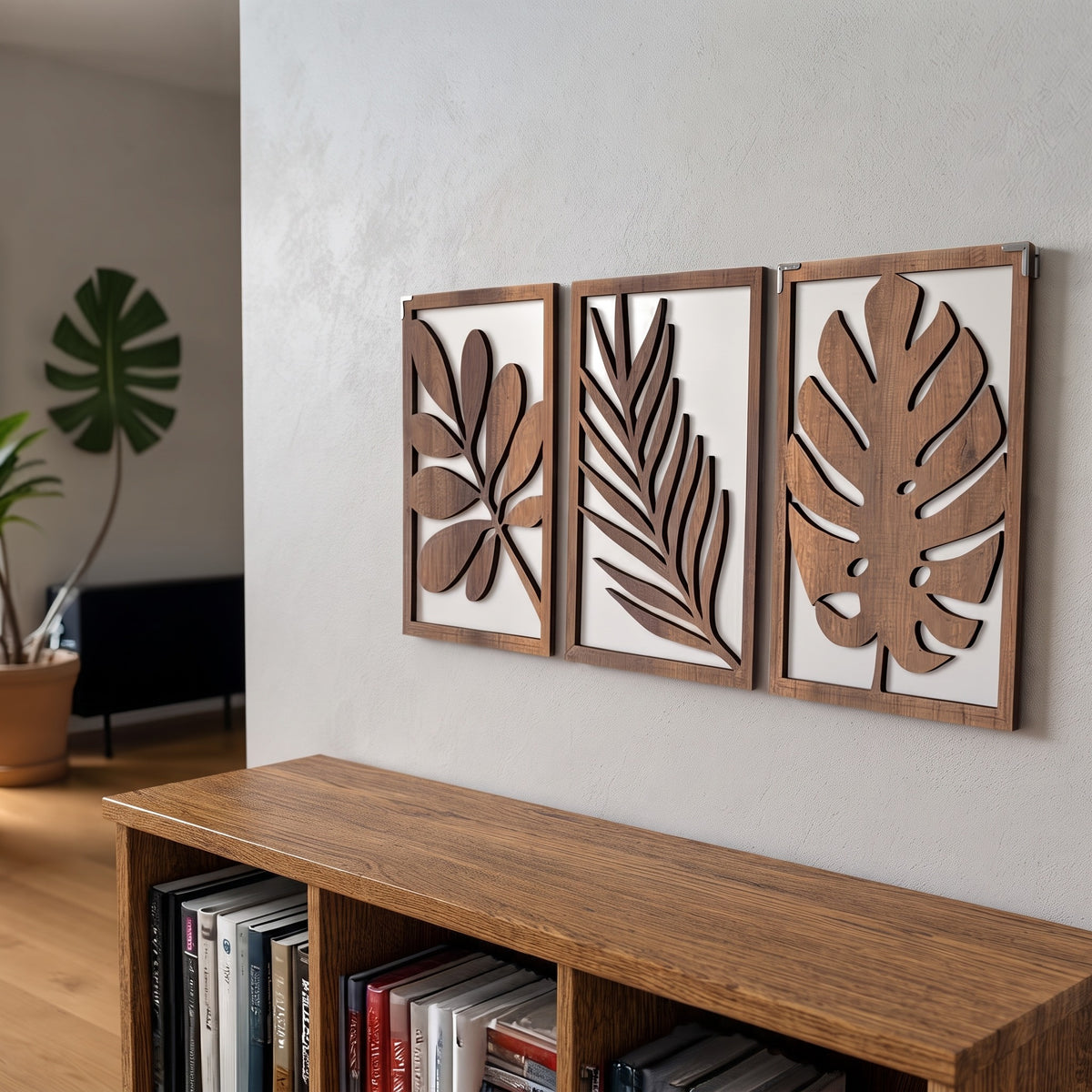 Retro Wooden Leaf Wall Decor Set of 3, Vintage Self-Adhesive Wall Art, Reusable Matte Wood Wall Decoration for Living Room, Bedroom & Office