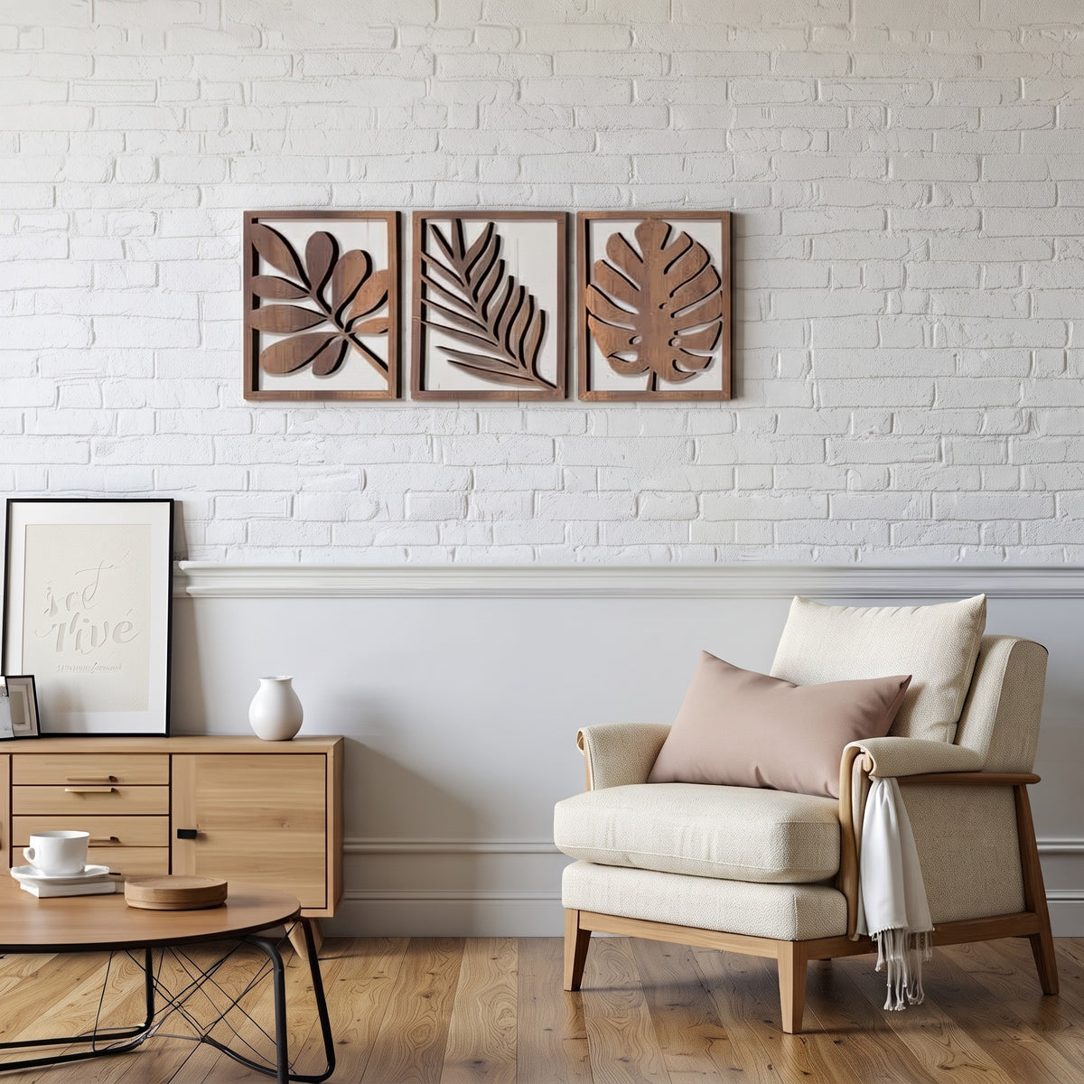 Retro Wooden Leaf Wall Decor Set of 3, Vintage Self-Adhesive Wall Art, Reusable Matte Wood Wall Decoration for Living Room, Bedroom & Office