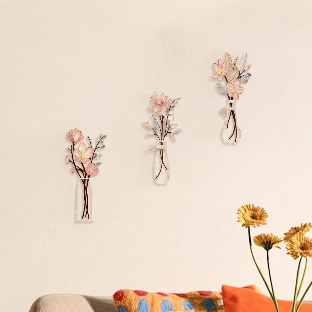 3-Piece Modern Floral Acrylic Wall Decor Panels, 2D Flat Irregular Shape Art Deco Wall Decoration for Living Room, Bathroom & Dining Room