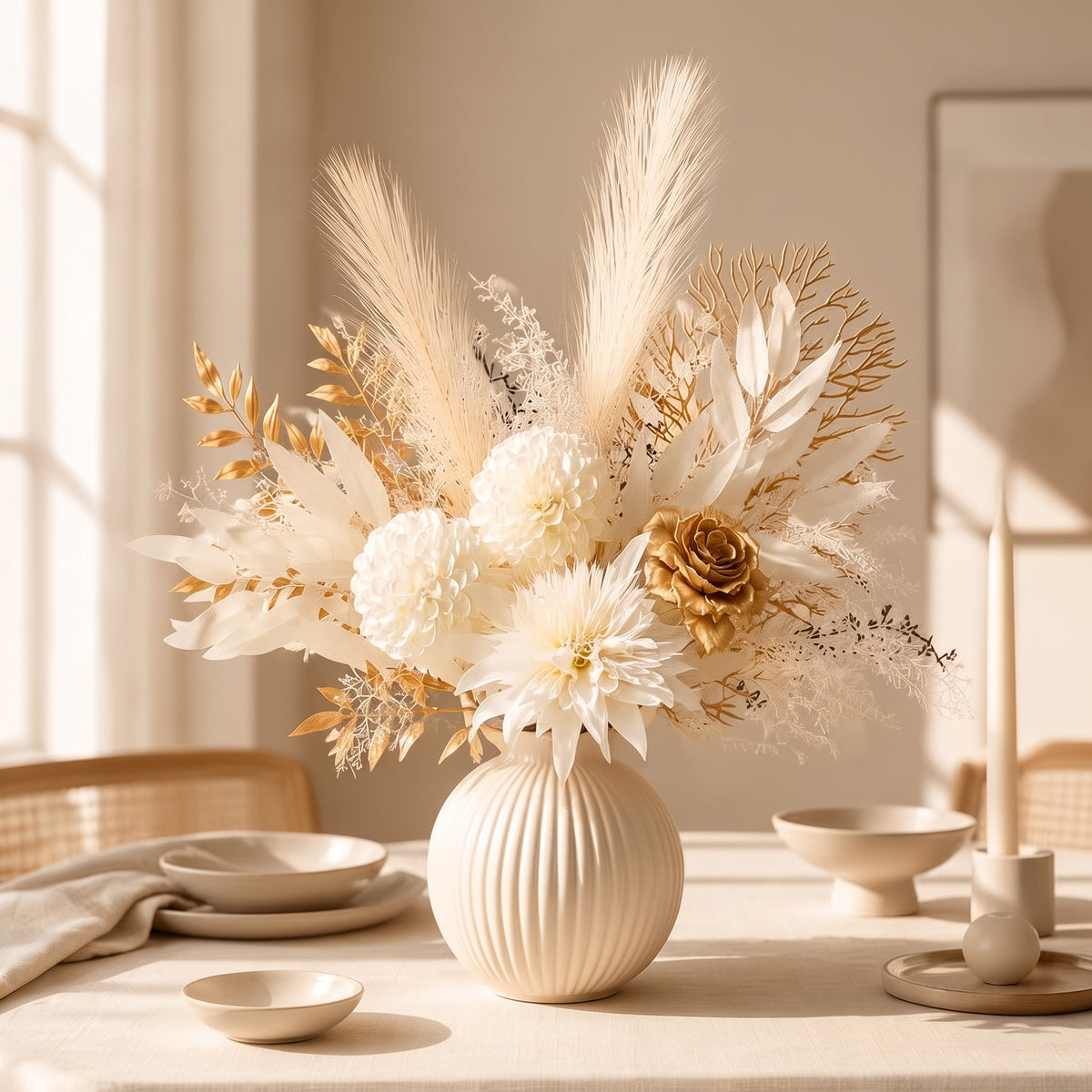 Ivory White Artificial Floral Arrangement with Champagne Gold Roses, Pom-Poms & Thistles, Tabletop Faux Flower Decor for Living Room
