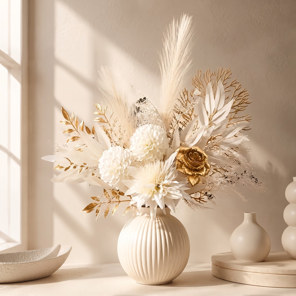 Ivory White Artificial Floral Arrangement with Champagne Gold Roses, Pom-Poms & Thistles, Tabletop Faux Flower Decor for Living Room