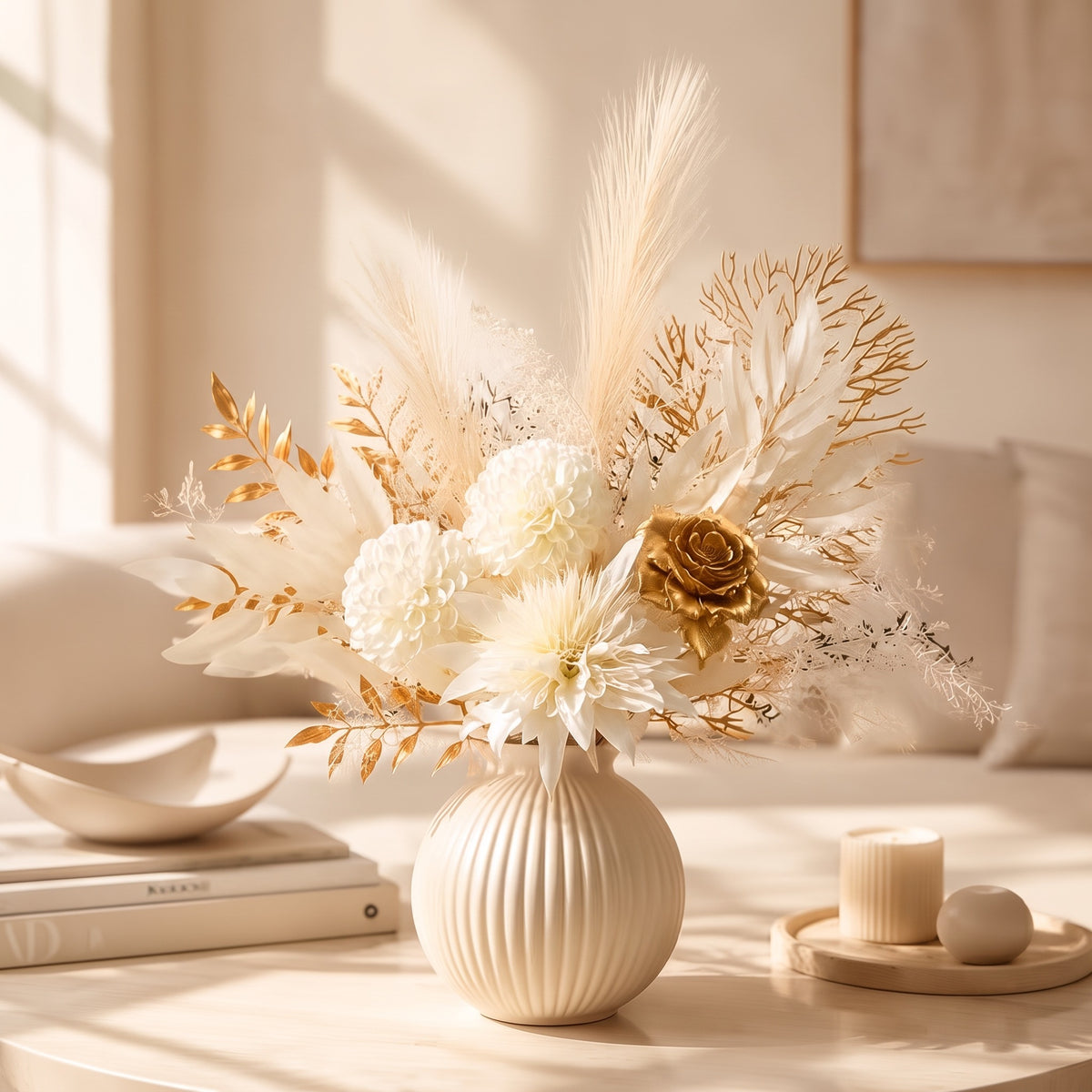 Ivory White Artificial Floral Arrangement with Champagne Gold Roses, Pom-Poms & Thistles, Tabletop Faux Flower Decor for Living Room