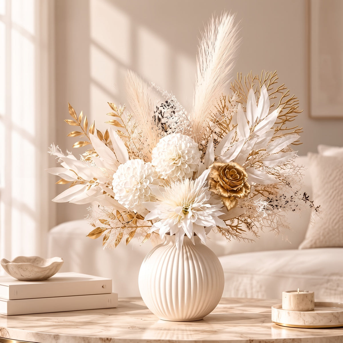 Ivory White Artificial Floral Arrangement with Champagne Gold Roses, Pom-Poms & Thistles, Tabletop Faux Flower Decor for Living Room