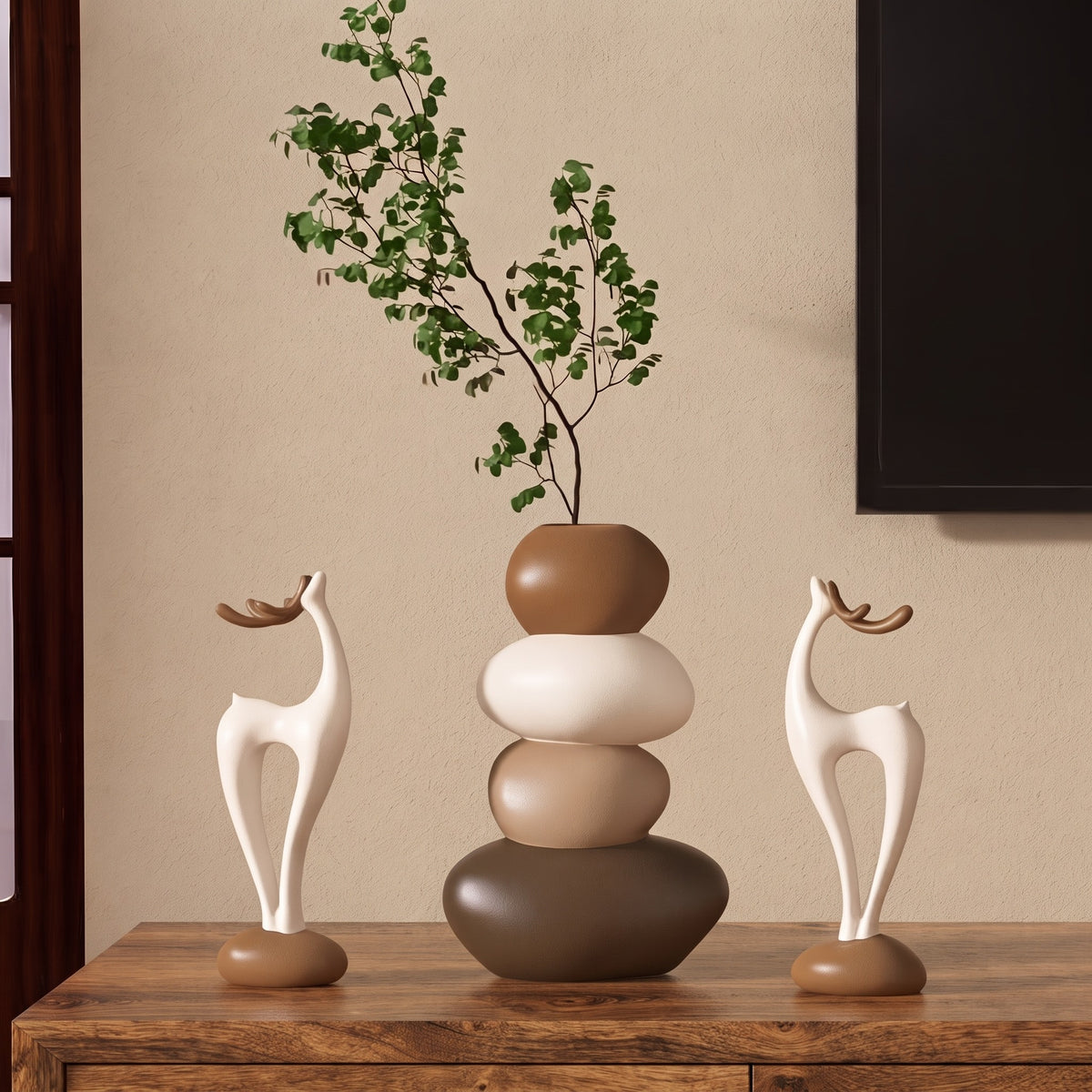 3-Piece Layered Stone Vase & Deer Figurine Set, Fairy Tale Resin Tabletop Decor, Stacked Vases & Deer Statues for Shelf, Bedroom & Desk