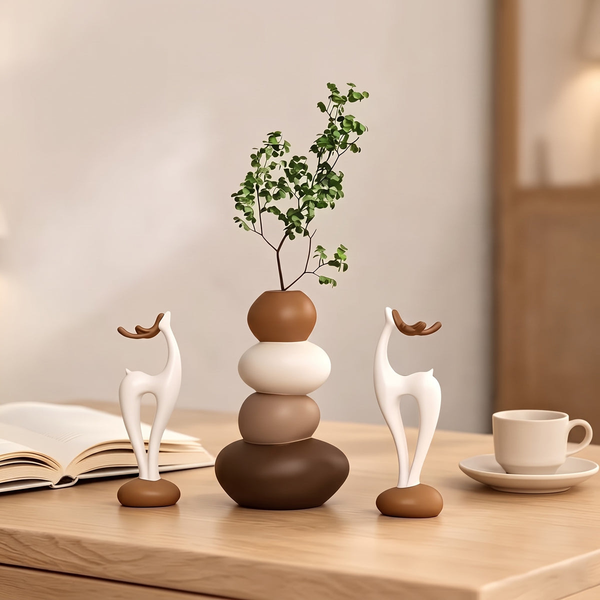 3-Piece Layered Stone Vase & Deer Figurine Set, Fairy Tale Resin Tabletop Decor, Stacked Vases & Deer Statues for Shelf, Bedroom & Desk