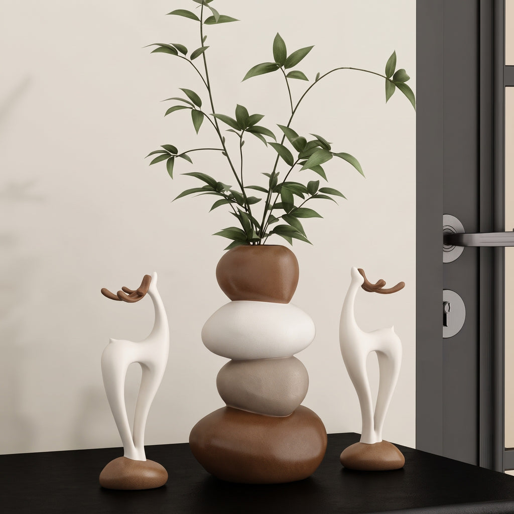 3-Piece Layered Stone Vase & Deer Figurine Set, Fairy Tale Resin Tabletop Decor, Stacked Vases & Deer Statues for Shelf, Bedroom & Desk