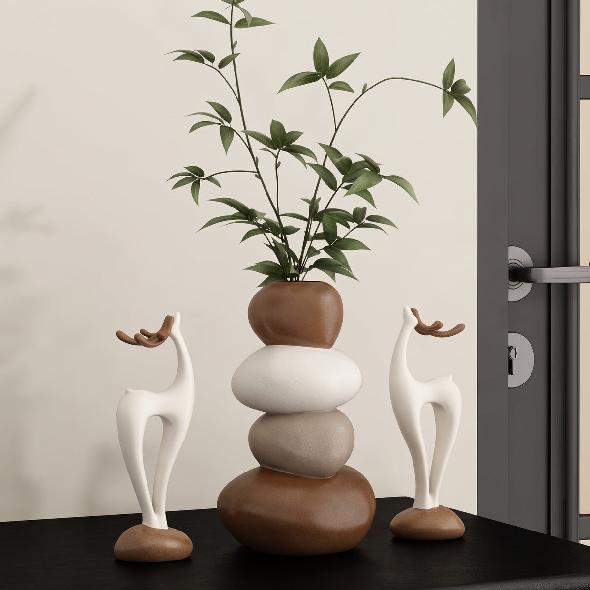 3-Piece Layered Stone Vase & Deer Figurine Set, Fairy Tale Resin Tabletop Decor, Stacked Vases & Deer Statues for Shelf, Bedroom & Desk