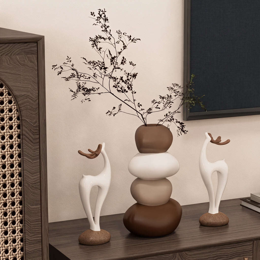 3-Piece Layered Stone Vase & Deer Figurine Set, Fairy Tale Resin Tabletop Decor, Stacked Vases & Deer Statues for Shelf, Bedroom & Desk