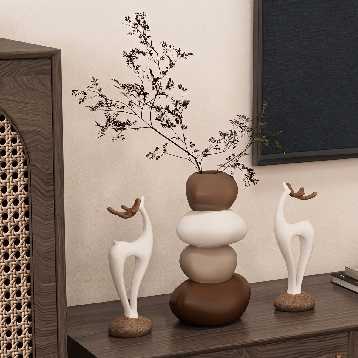 3-Piece Layered Stone Vase & Deer Figurine Set, Fairy Tale Resin Tabletop Decor, Stacked Vases & Deer Statues for Shelf, Bedroom & Desk