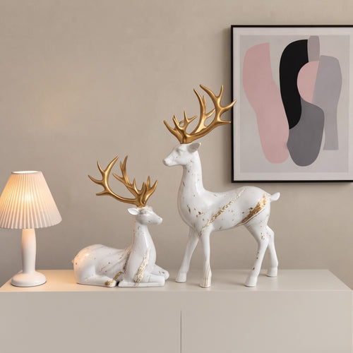 2-Piece Resin Reindeer Figurine Set, Miniature Christmas & New Year Decor, Contemporary Reindeer Statues for Desk, Shelf, TV Cabinet & Living Room