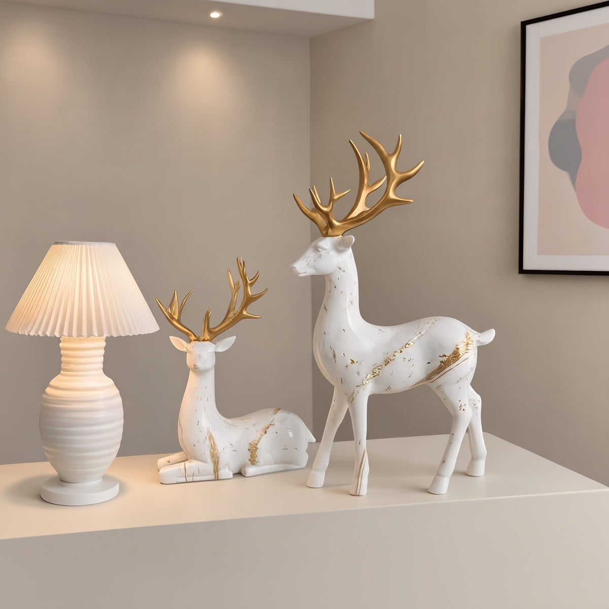 2-Piece Resin Reindeer Figurine Set, Miniature Christmas & New Year Decor, Contemporary Reindeer Statues for Desk, Shelf, TV Cabinet & Living Room
