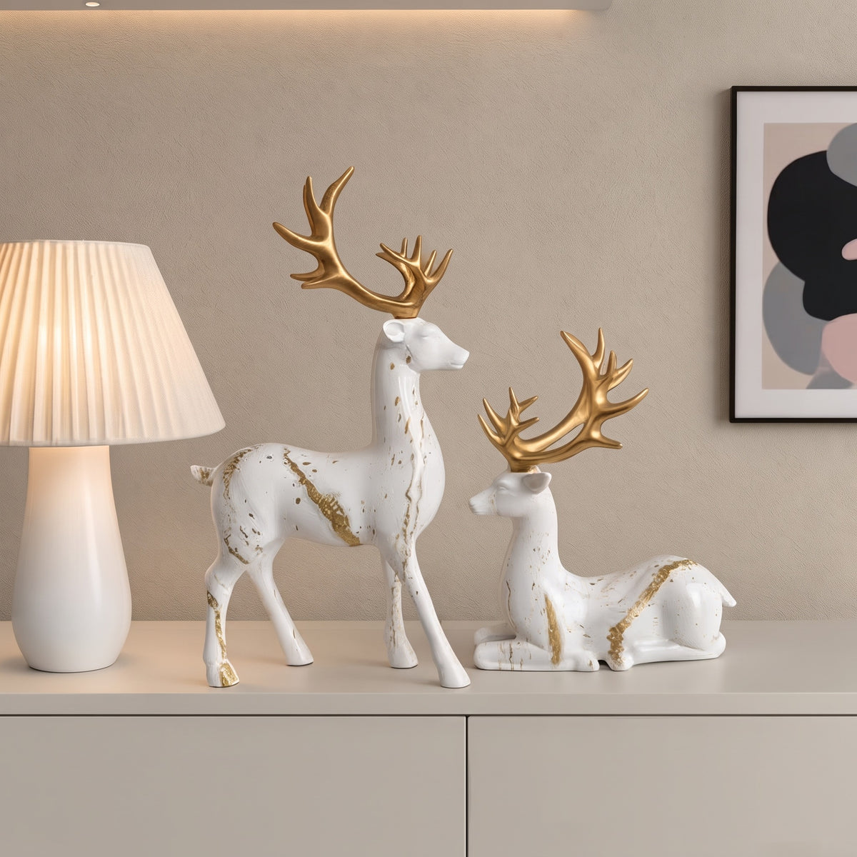 2-Piece Resin Reindeer Figurine Set, Miniature Christmas & New Year Decor, Contemporary Reindeer Statues for Desk, Shelf, TV Cabinet & Living Room