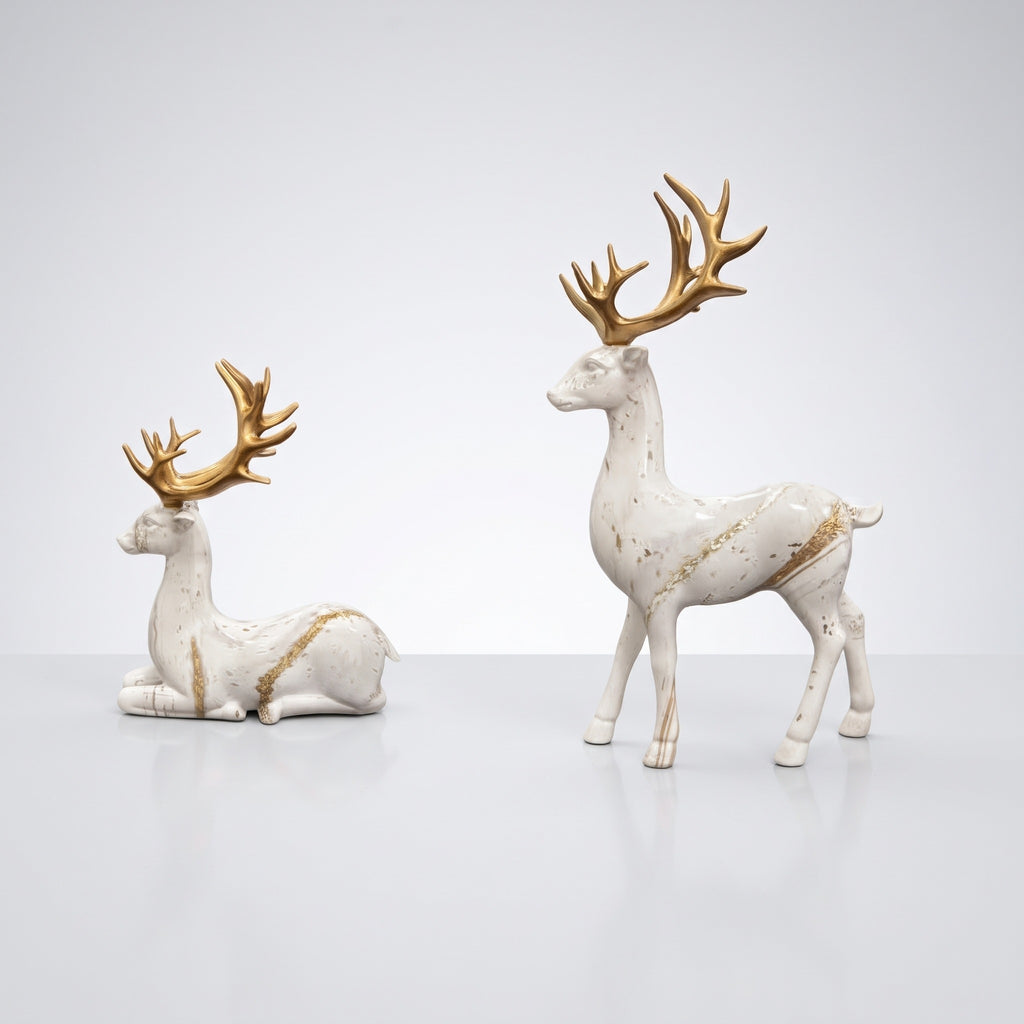 2-Piece Resin Reindeer Figurine Set, Miniature Christmas & New Year Decor, Contemporary Reindeer Statues for Desk, Shelf, TV Cabinet & Living Room