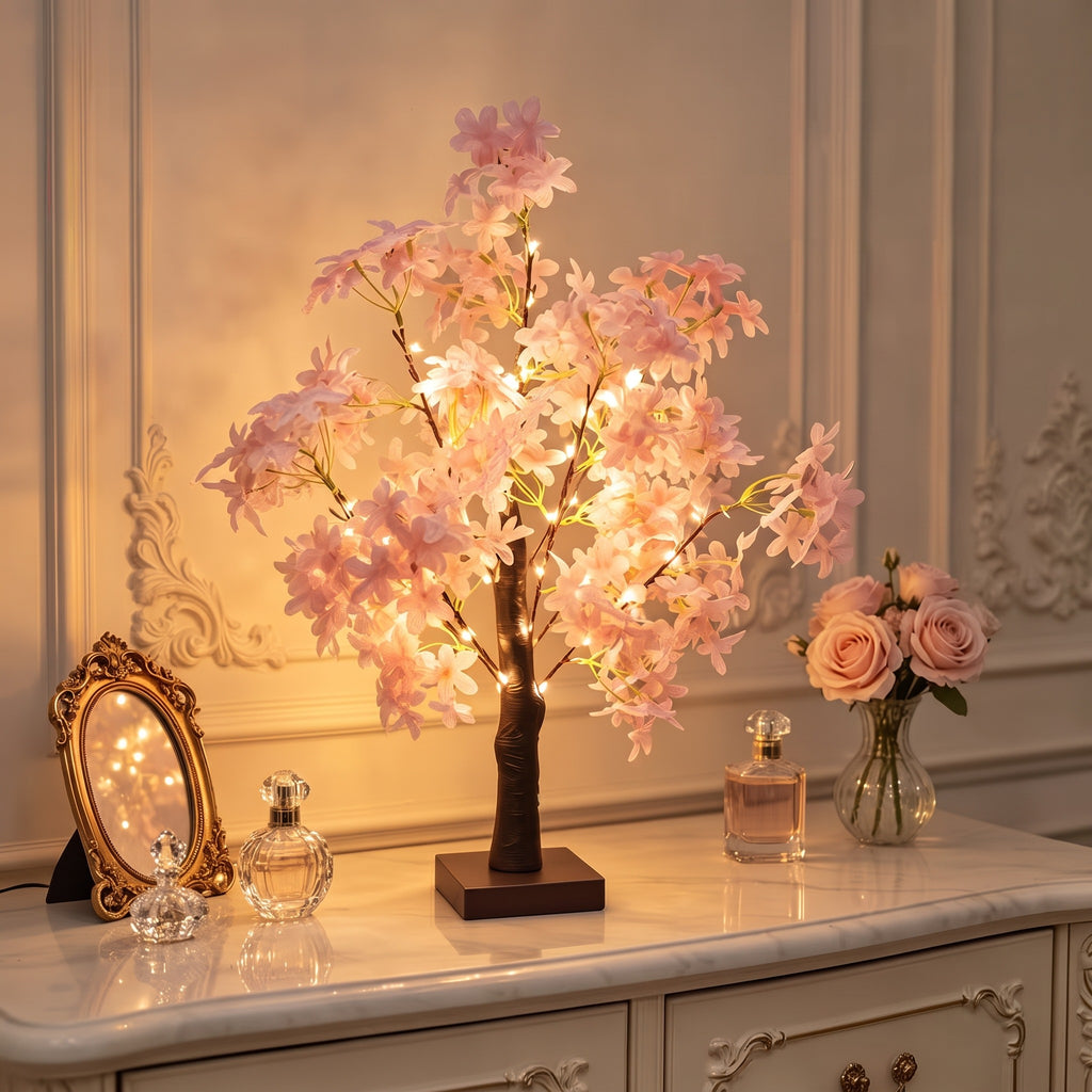 Pink Cherry Blossom LED Tree Light, Artificial Flower Tabletop Lamp, USB Powered Decorative Light for Bedroom, Living Room, Wedding & Party Decor