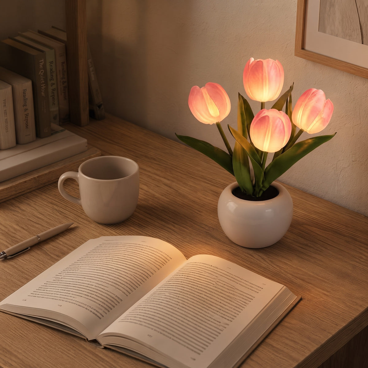 4-Flower LED Tulip Night Light, Pink Glowing Artificial Flower Lamp with Ceramic Base, USB Powered Table Decor for Bedroom, Office & Living Room
