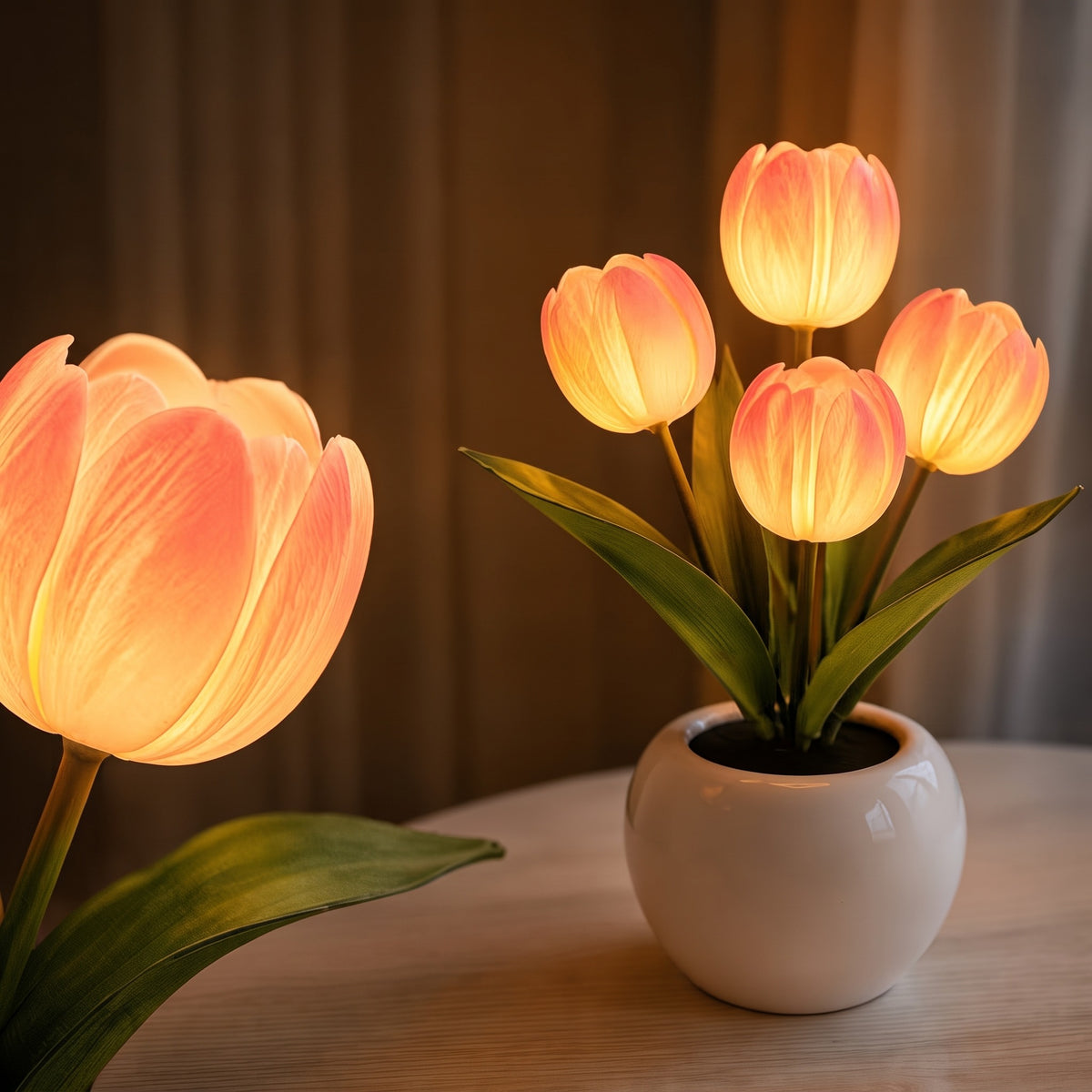 4-Flower LED Tulip Night Light, Pink Glowing Artificial Flower Lamp with Ceramic Base, USB Powered Table Decor for Bedroom, Office & Living Room