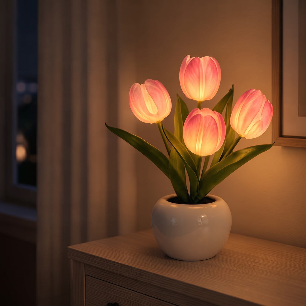 4-Flower LED Tulip Night Light, Pink Glowing Artificial Flower Lamp with Ceramic Base, USB Powered Table Decor for Bedroom, Office & Living Room