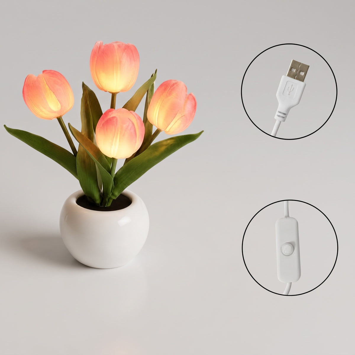4-Flower LED Tulip Night Light, Pink Glowing Artificial Flower Lamp with Ceramic Base, USB Powered Table Decor for Bedroom, Office & Living Room